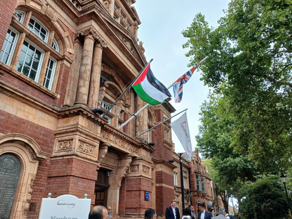 The Palestinian flag outside Newham Town Hall (credit Nick Clark/LDRS)