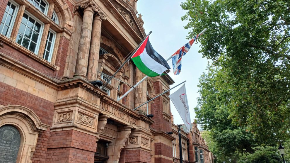 The Palestinian flag outside Newham Town Hall (credit Nick Clark/LDRS)