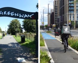 The Greenway route (left) and (right) a cycle lane in Canning Town