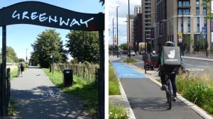 The Greenway route (left) and (right) a cycle lane in Canning Town