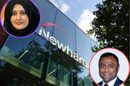 Newham Council's East Ham HQ with (inset left) scrutiny committee chair Sophia Naqvi and (inset right) mayor Forhad Hussain