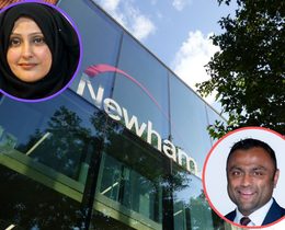 Newham Council's East Ham HQ with (inset left) scrutiny committee chair Sophia Naqvi and (inset right) mayor Forhad Hussain