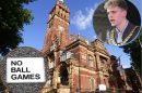 Newham Town Hall with (inset left) a 'no ball games' sign and (inset right) council chair Nate Higgins