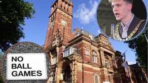 Newham Town Hall with (inset left) a 'no ball games' sign and (inset right) council chair Nate Higgins