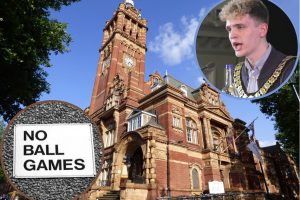 Newham Town Hall with (inset left) a 'no ball games' sign and (inset right) council chair Nate Higgins