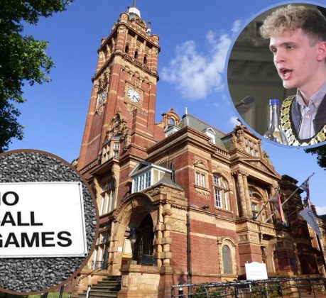 Newham Town Hall with (inset left) a 'no ball games' sign and (inset right) council chair Nate Higgins