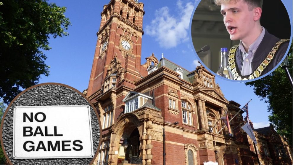 Newham Town Hall with (inset left) a 'no ball games' sign and (inset right) council chair Nate Higgins