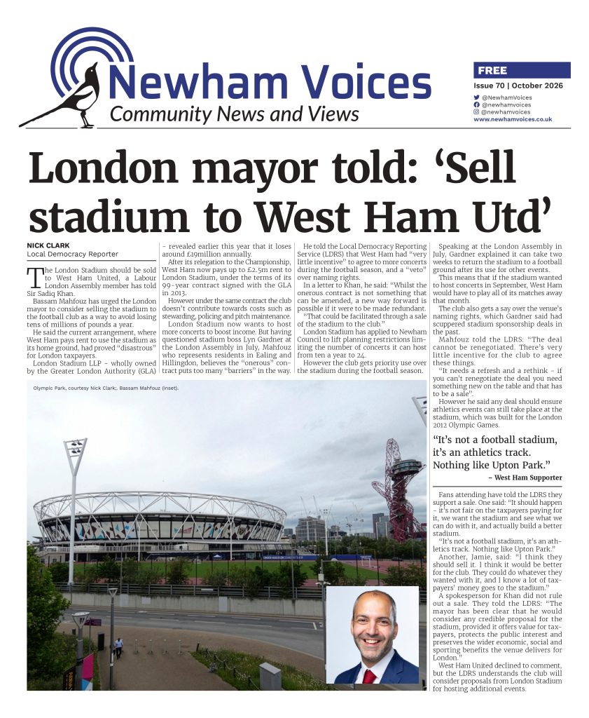 Front page October 2026 Newham Voices. Main headline: London mayor told: 'Sell stadium to West ham Utd'